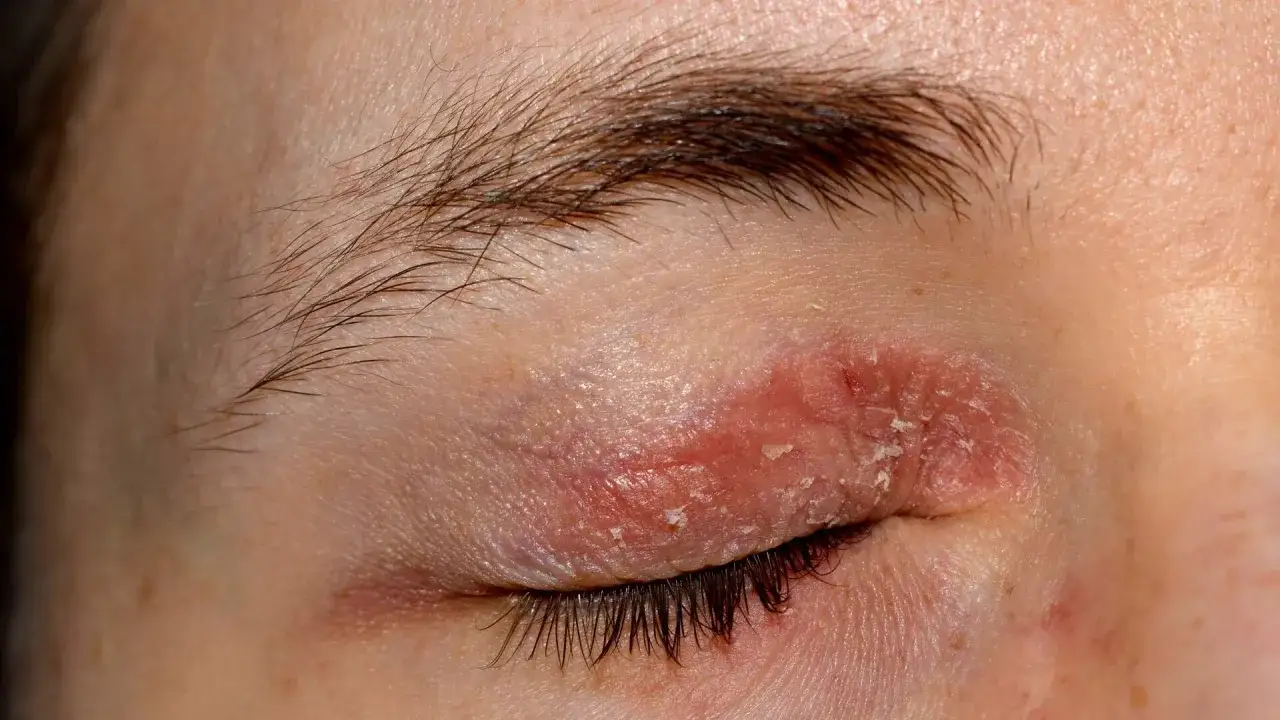 Psoriasis paupière : peau rouge et squameuse sur la paupière, près des cils.