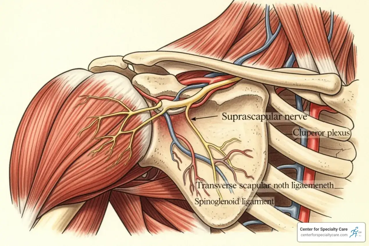 Anatomie de l'épaule montrant le nerf supra-scapulaire. Une déchirure du muscle rhomboïde peut causer des symptômes similaires.
