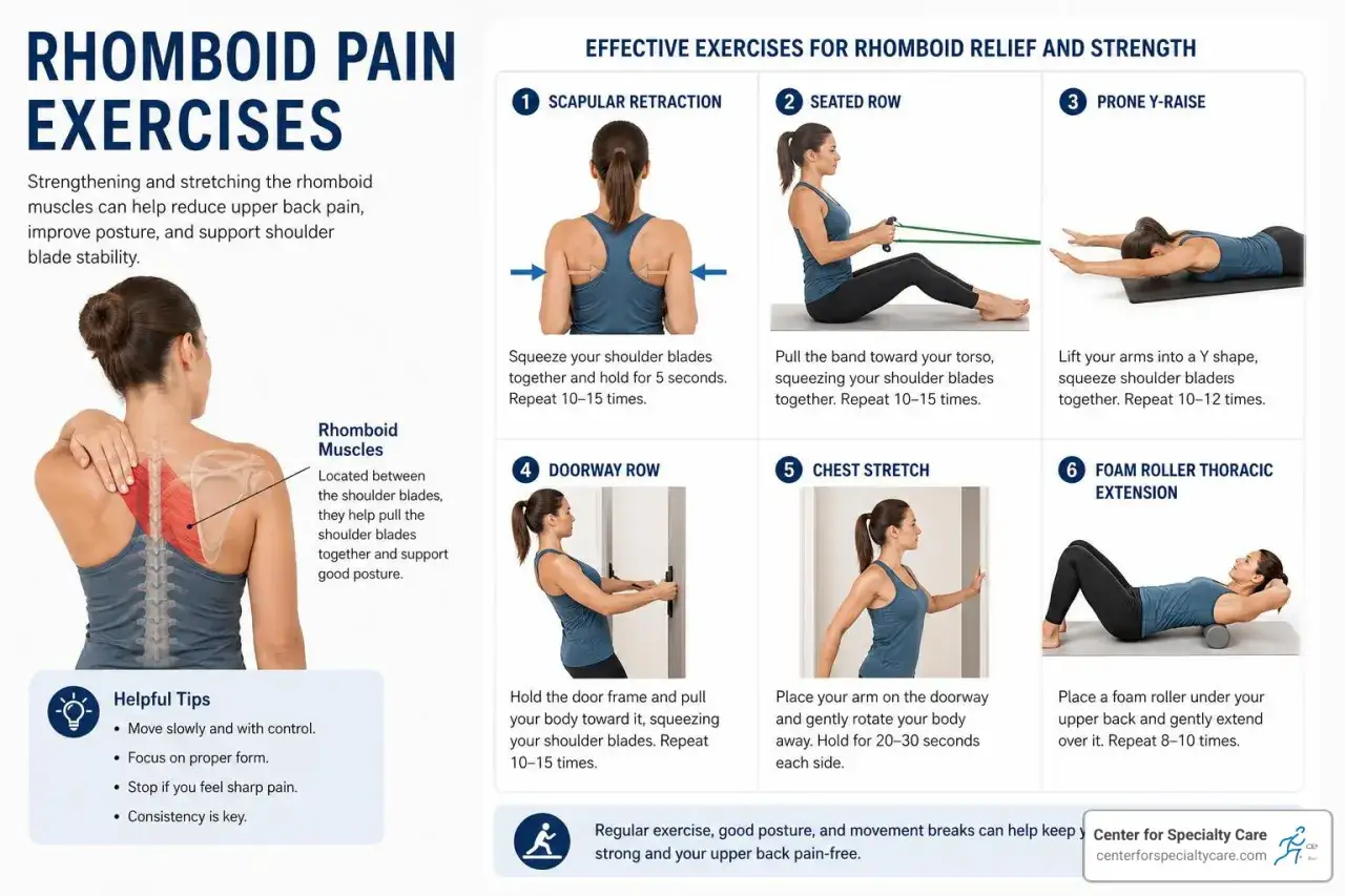 Guide pour muscler les omoplates avec 6 exercices : r&eacute;traction scapulaire, tirage &eacute;lastique assis, Y invers&eacute;, tirage en porte, &eacute;tirement pectoral, extension sur rouleau.
