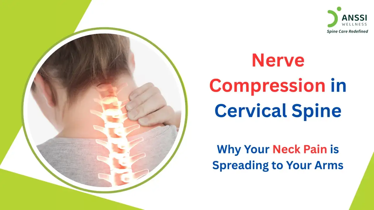 Douleur au cou irradiant dans les bras, un sympt&ocirc;me de nerf cervical coinc&eacute;. Visualisation de la colonne vert&eacute;brale cervicale.