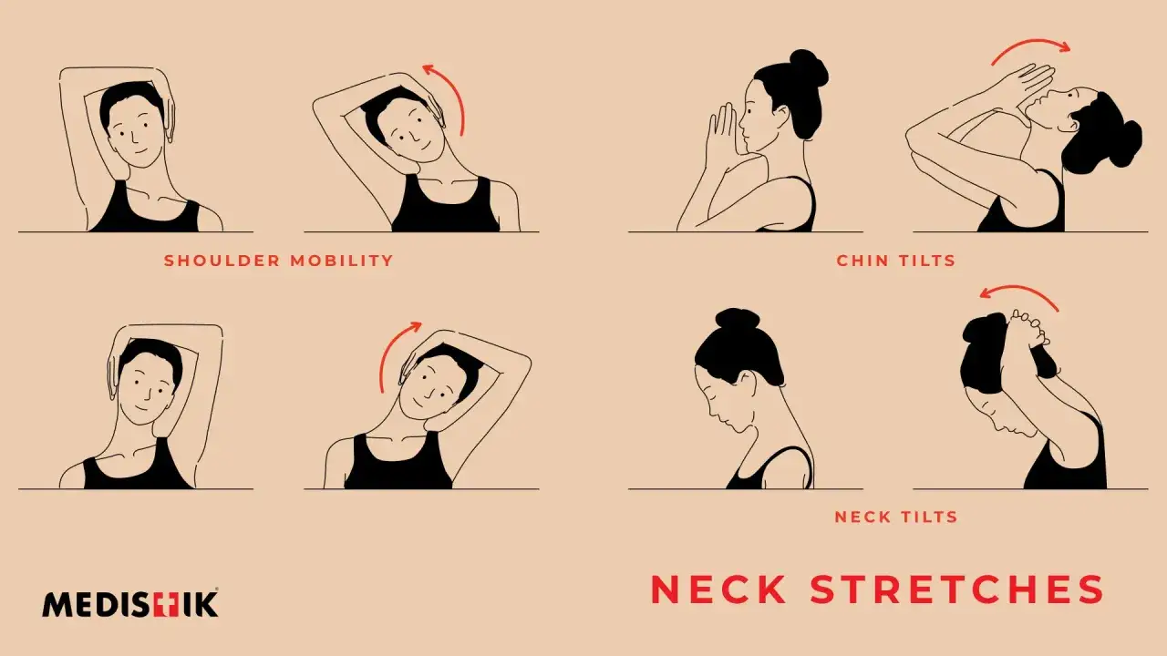 Exercices pour soulager les douleurs cervicales : inclinaisons, rotations et étirements du cou.
