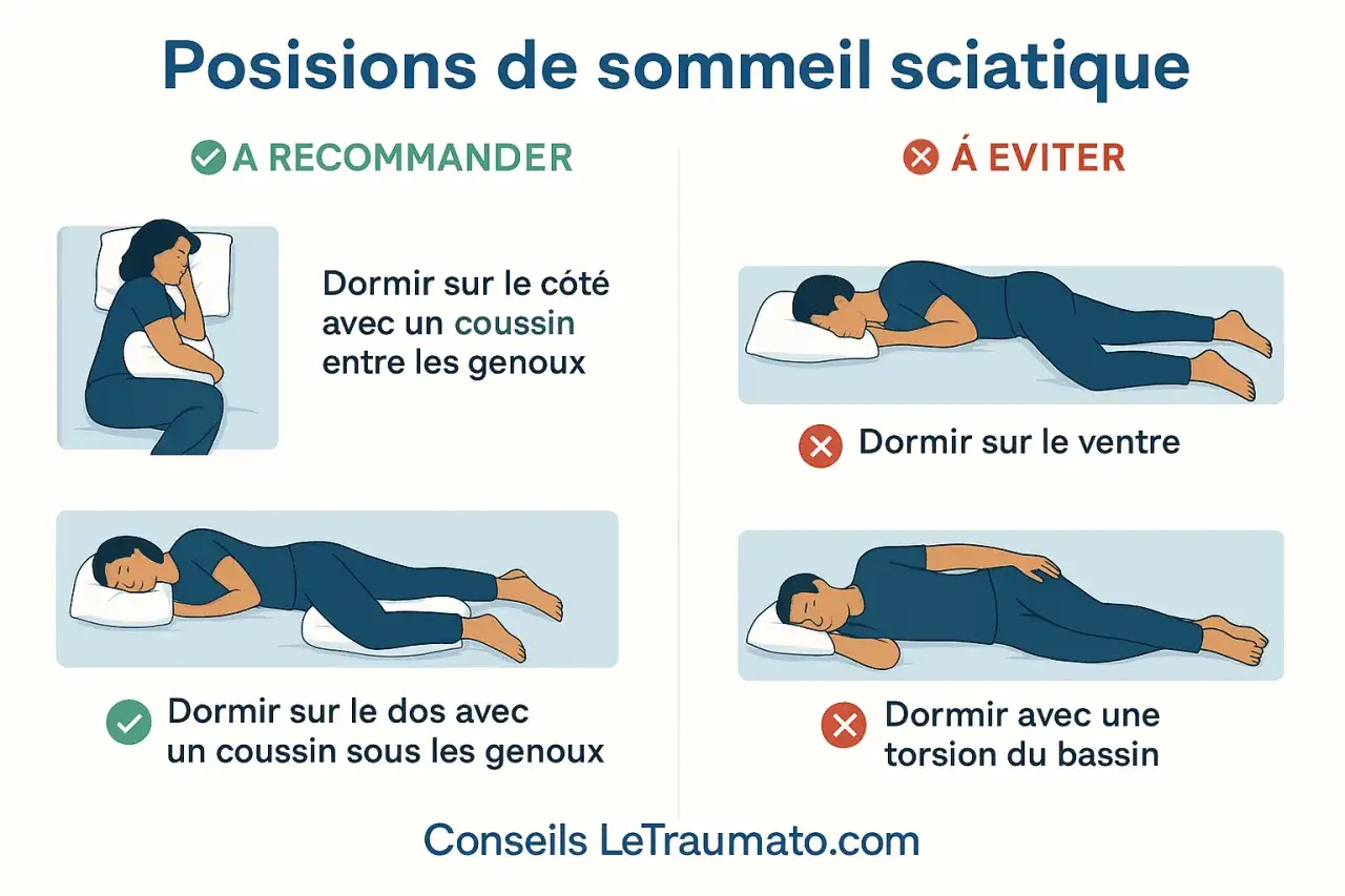 Pour savoir comment dormir avec une sciatique, privilégiez le côté avec un coussin entre les genoux ou le dos avec un coussin sous les genoux. Évitez le ventre et la torsion du bassin.