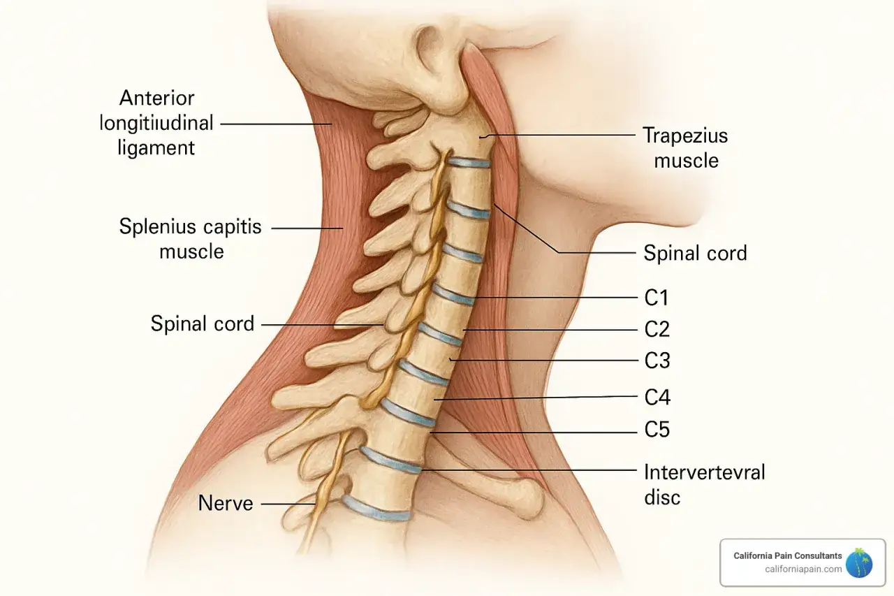 Anatomie du cou : vue lat&eacute;rale montrant la colonne vert&eacute;brale, la moelle &eacute;pini&egrave;re, les muscles (trap&egrave;ze, spl&eacute;nius capitis) et les ligaments &agrave; la base de la nuque.