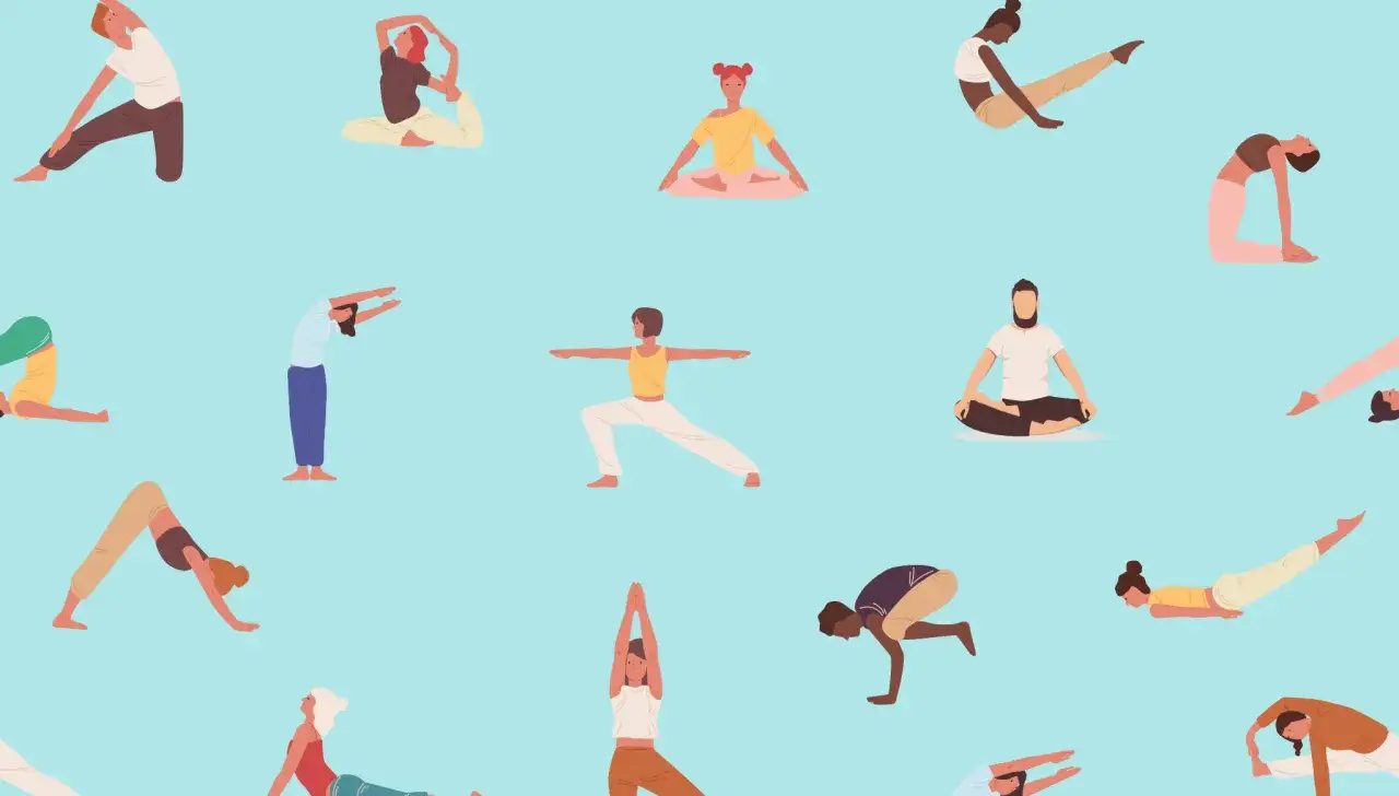 Illustration de personnes pratiquant le yoga, certaines en posture de chien t&ecirc;te en bas, d'autres en torsion, pour un exercice souplesse dos.