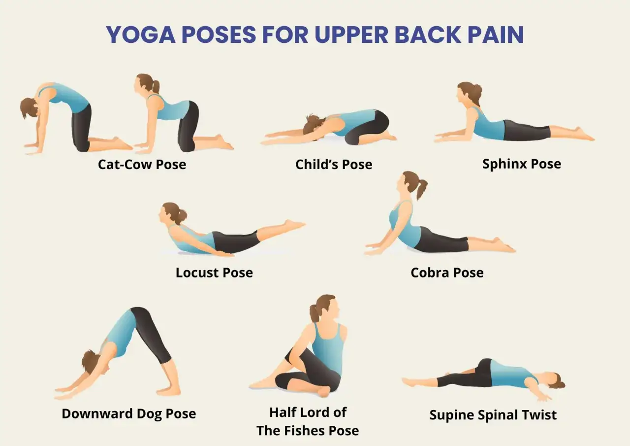 Illustrations de postures de yoga pour soulager la dorsalgie : Chat-Vache, Enfant, Sphinx, Sauterelle, Cobra, Chien t&ecirc;te en bas, Demi-seigneur des poissons, Torsion vert&eacute;brale couch&eacute;e.