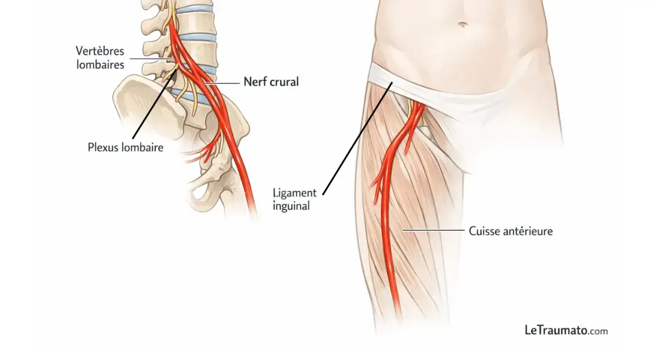 Anatomie du nerf crural et du plexus lombaire, montrant l'origine de la douleur dans la cuisse ant&eacute;rieure, possiblement li&eacute;e &agrave; une cruralgie sciatique.