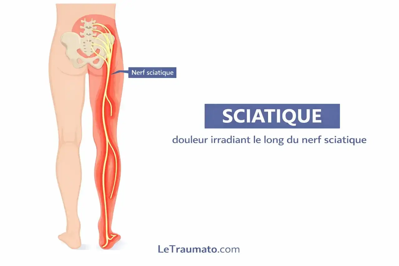 Illustration anatomique montrant le trajet du nerf sciatique, source d'une douleur irradiante. La sciatique chronique invalidante peut affecter la qualit&eacute; de vie.