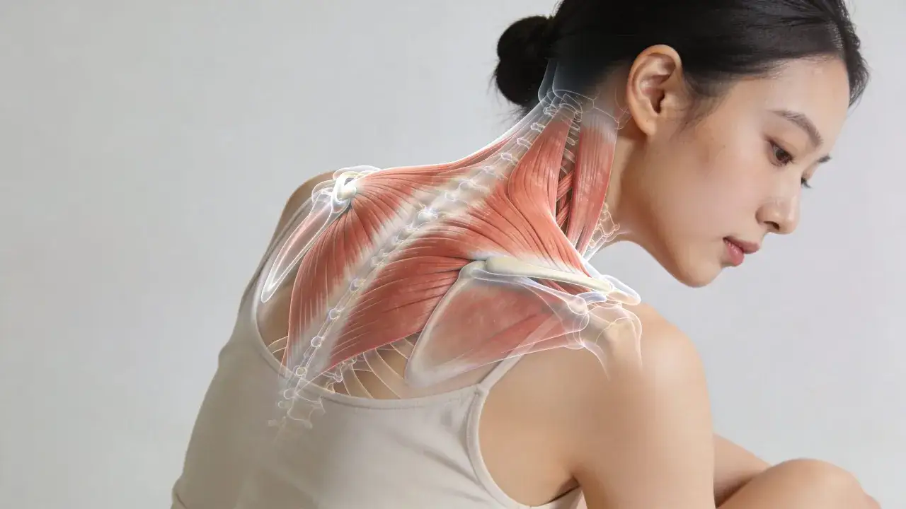 Vue anatomique du muscle trapèze sur le cou et les épaules d'une femme, montrant sa structure complexe.
