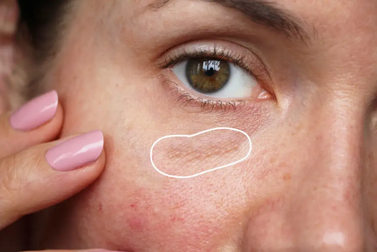 Gros plan sur le contour de l'œil d'une femme, montrant une zone de peau avec plusieurs petits points blancs, un grain de milium typique, entourée d'un cercle blanc.
