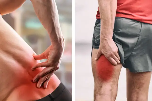 Main gauche sur la hanche, main droite sur la cuisse, zones rouges indiquant la douleur. Aide pour le massage nerf sciatique.