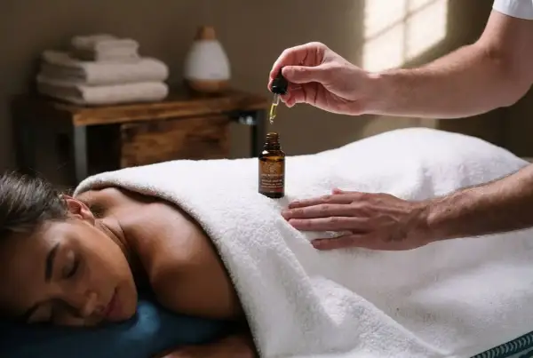 Un massage relaxant pour soulager la contraction du muscle involontaire et douloureuse. Une main applique une huile sur le dos d'une femme.