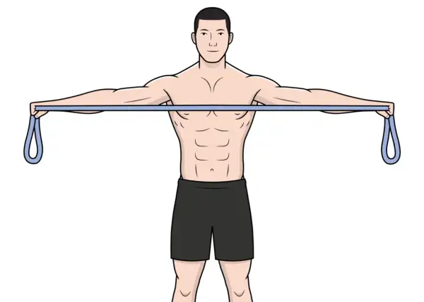 Homme effectuant un exercice trapèze inférieur avec une bande élastique, bras tendus horizontalement.