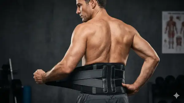 Un homme ajuste une ceinture de soutien pour les spinaux lombaires dans une salle de sport.