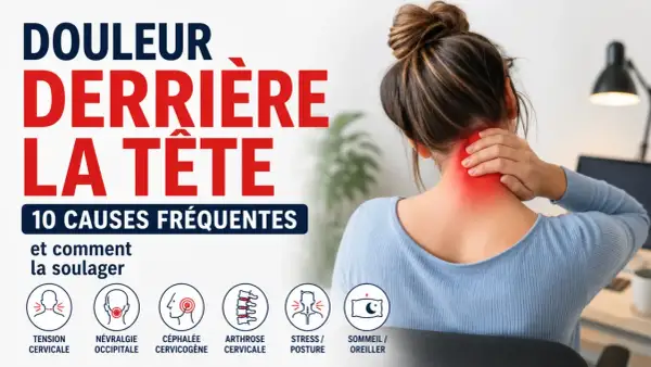 Femme se tenant la nuque, zone rouge indiquant une douleur. Le texte mentionne "Douleur derrière la tête", "10 causes fréquentes" et des icônes pour "Tension cervicale", "Névralgie occipitale", "Céphalée cervicogène", "Arthrose cervicale", "Stress/Post...