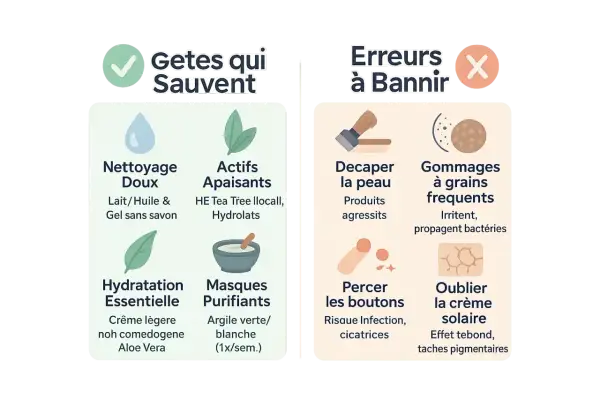 Conseils pour une peau saine : nettoyage doux, actifs apaisants, hydratation. Évitez de décaper, gommer trop, percer les boutons. Un traitement naturel pour l'acné hormonale inclut ces bonnes pratiques.