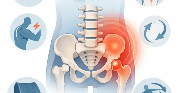 Illustration de l'anatomie du bas du dos et de la hanche, avec des zones rouges indiquant la douleur.