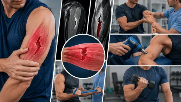Un homme souffre d'un muscle froissé au bras, illustré par des images médicales et des séances de rééducation.